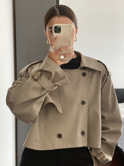 Women's Spring/Autumn Solid Color Simple Loose Casual Short Long Sleeve Trench Coat