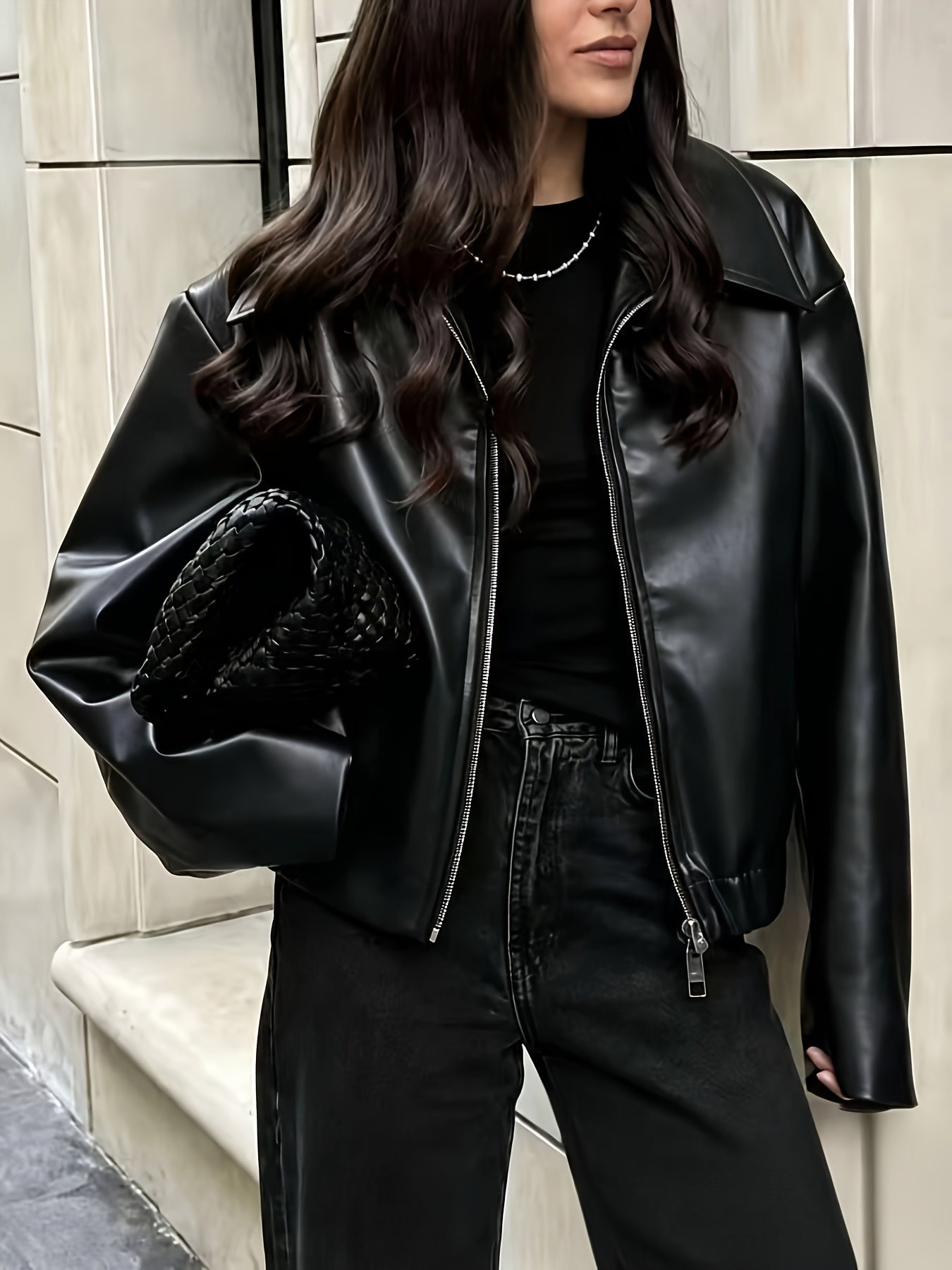 Women's Chic Faux Leather Jacket with Lapel Collar