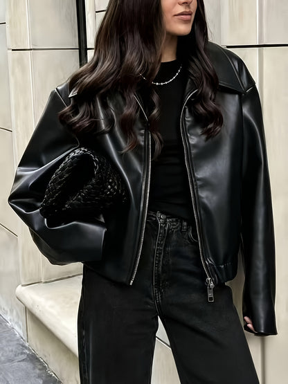 Women's Chic Faux Leather Jacket with Lapel Collar