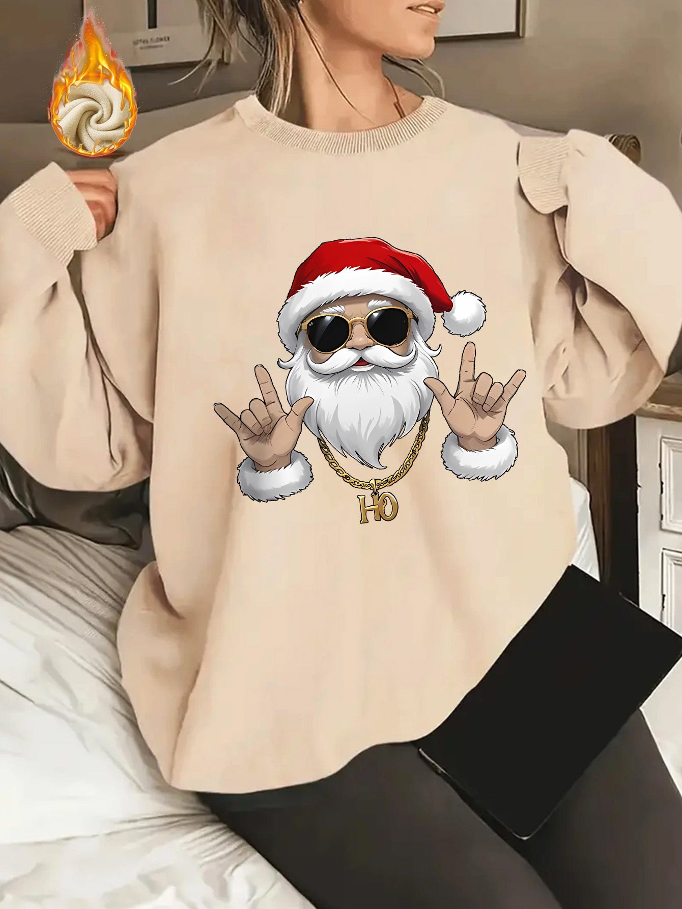 Women's Elegant Christmas Santa Claus Graphic Print Fleece-Lined Sweatshirt - Long Sleeve Round Neck Pullover with Golden Accents, Machine Washable Holiday Party Casual Top, Christmas Sweatshirt, Festive Clothing, Hiphop Styl