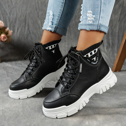 gfhfgjjfg Women's Casual High-Top Platform Ankle Boots with Lace-Up Closure, Thick Rubber Sole & Faux Cover Upper - Winter Warm Round Toe Boots for Casual Attire (Black/White/Beige), Comfortable Footwear, Durable Traction Foo