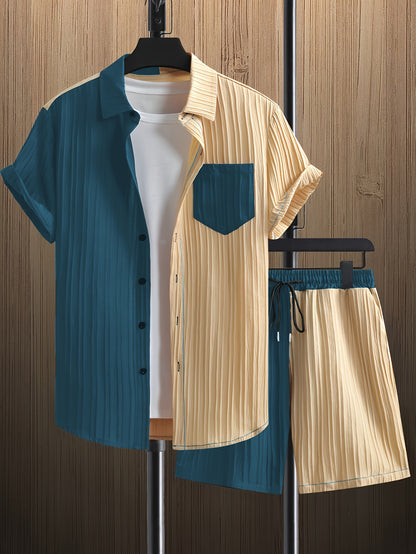 Men'S Casual Summer Polyester Shirt and Shorts Set, Regular Fit, Color Block, Lapel Collar, Slight Stretch Fabric, Lash Sets, Active Wear