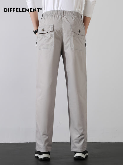 Men's Cotton Casual Trousers with Elastic Waist and Zipper Pockets