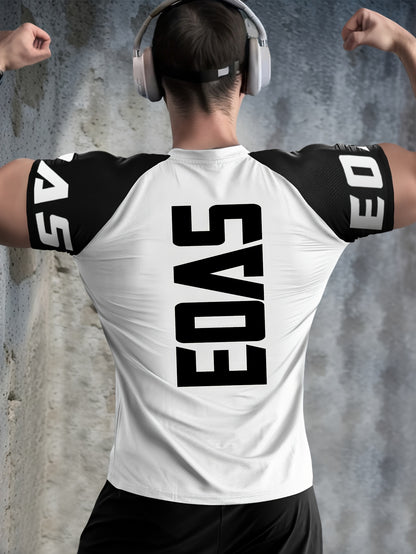 Men's Quick-Dry Breathable Mesh Sports T-Shirt - Summer Gym Workout Top with Contrast Black  White Sleeves  for Man Letter Print, Slim Fit for Running Training Casual Wear, Breathable Running Gear   Sporty Casual Tee   Mesh