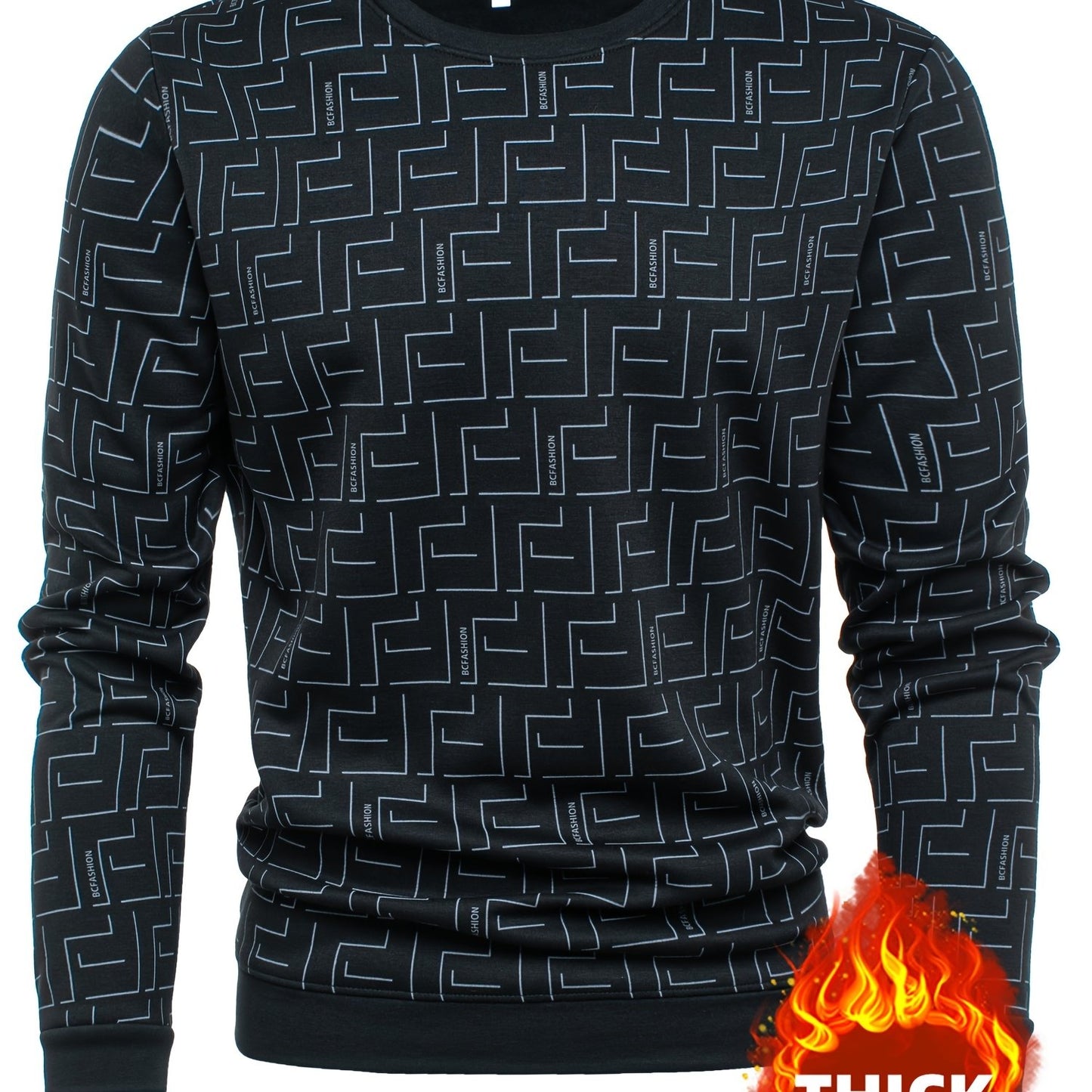 New Autumn And Winter Men'S Long-Sleeve Fleece Sweatshirt, Featuring a Geometric Pattern Design, Warm And Soft Stylish Round-Neck Sweatshirt, a Perfect Gift for Men to Keep Warm