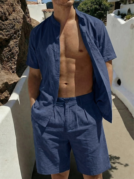Men's Linen Short-Sleeve Shirt and Shorts Set for Summer Casual