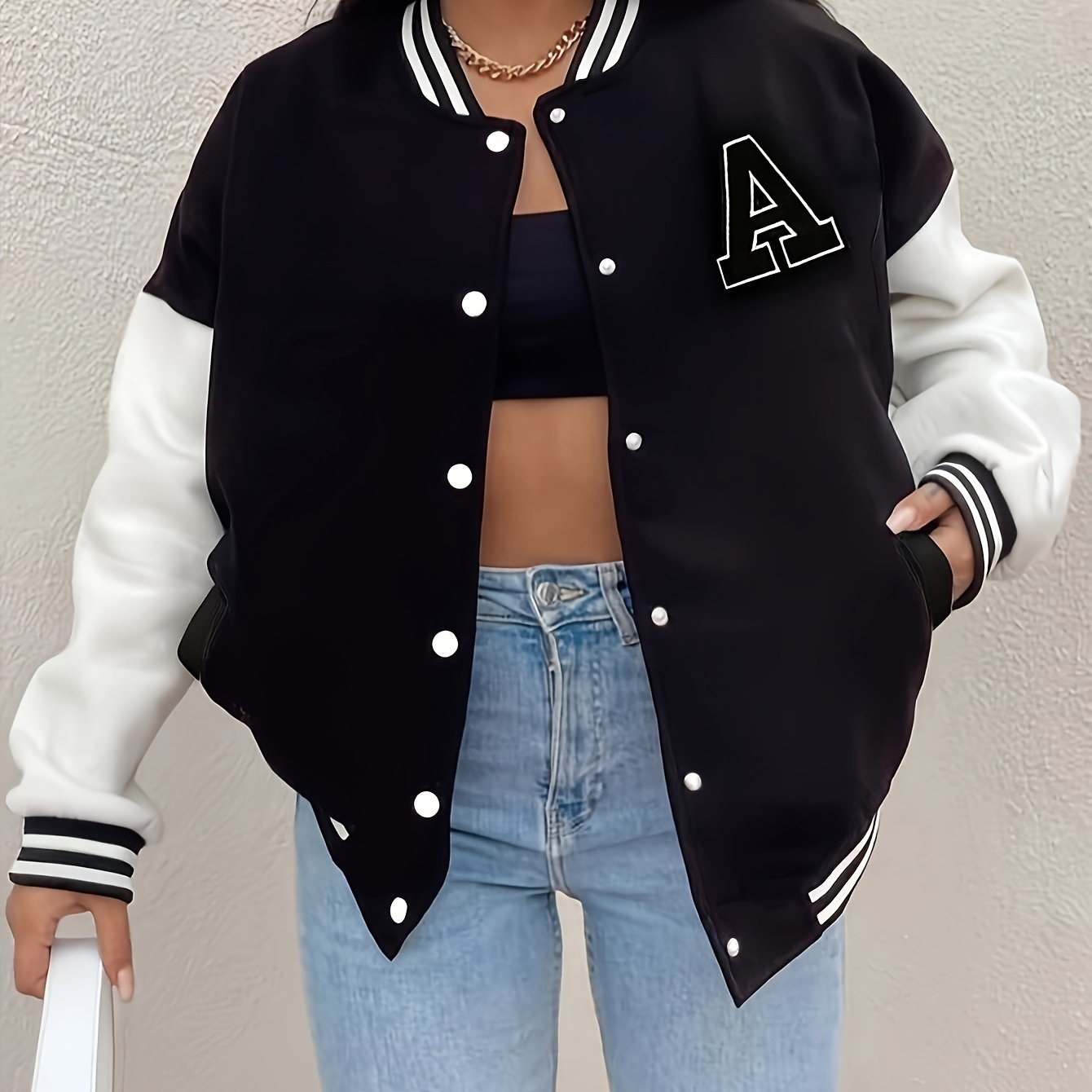 Women'S Casual Long Sleeve Baseball Jacket with "A" Letter Detail - Black & Beige Two-Tone Design, Button-Up Front, Flap Pockets, Fall/Winter Fashion Outerwear, Autumn Winter Apparel | Buttonup Jacket | Functional Pockets
