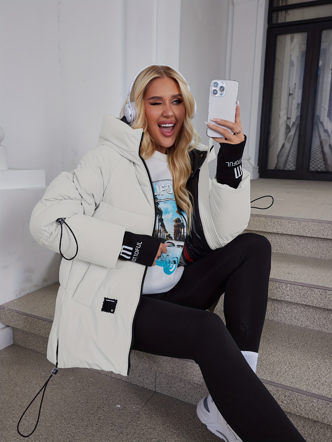 Women's Stylish Beige Puffer Jacket - Casual Warm Winter Coat with Black Trim, Long Sleeves & Zippered Hood, Polyester Fabric for Outdoor Comfort