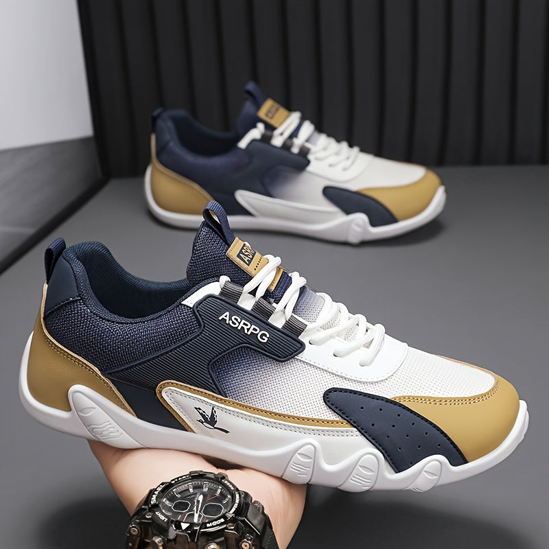 Men's Breathable Low-Top Casual Sneakers - Sporty Lace-Up Walking Shoes with Navy/White/Golden Accents, All-Season Outdoor  Everyday Comfort, Durable Fabric Upper  PVC Sole, Comfortable Footwear, Sleek Shoe Design, Lightwei