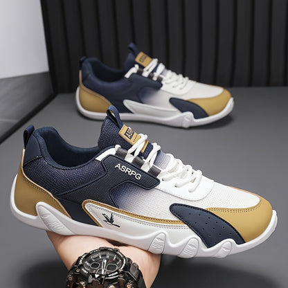 Men's Breathable Low-Top Casual Sneakers - Sporty Lace-Up Walking Shoes with Navy/White/Golden Accents, All-Season Outdoor  Everyday Comfort, Durable Fabric Upper  PVC Sole, Comfortable Footwear, Sleek Shoe Design, Lightwei