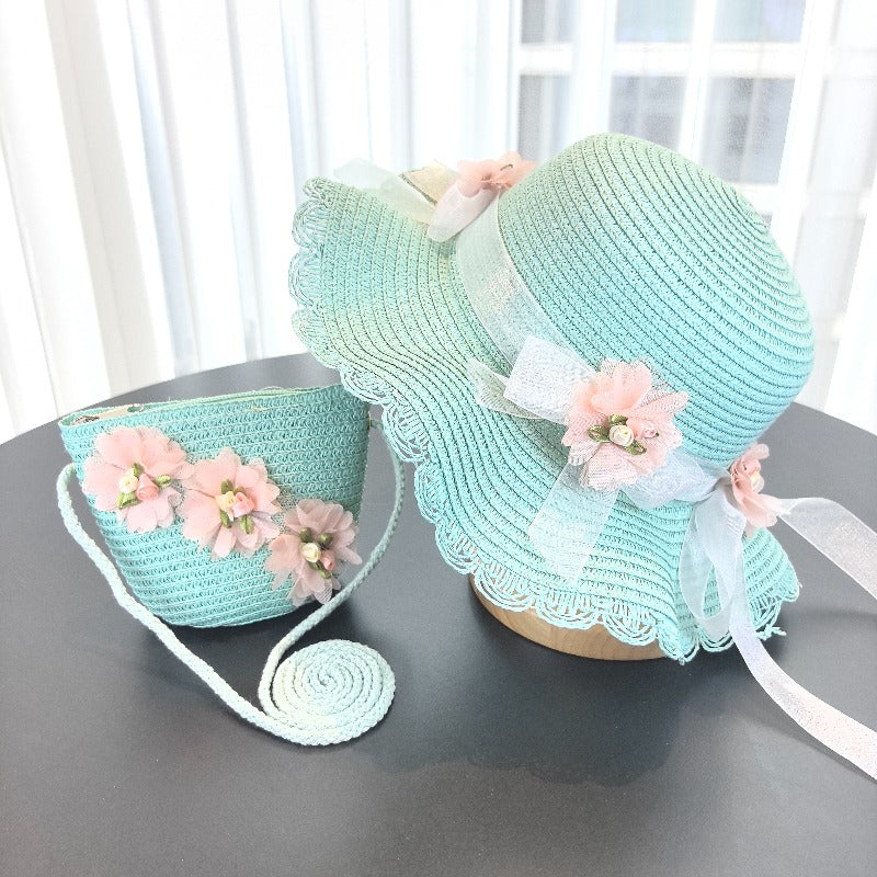 Girls 2pcs Straw Sun Hats Lightweight Floral Fisherman Style