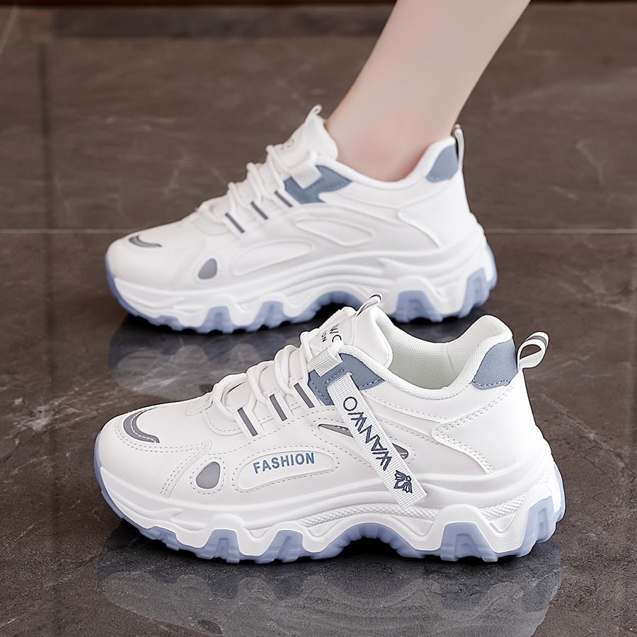 Women'S Fashion Sneakers - White Low-Top Lace-Up with Thick Sole, Stylish Tassel Detail, Lightweight All-Season Hiking and Walking Shoes, Casual Outdoor Footwear Trendy Casual Shoes Lightweight Footwear
