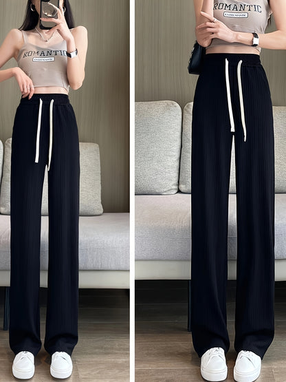 Women's High-Waisted Wide-Leg Summer Pants with Drawstring Waist