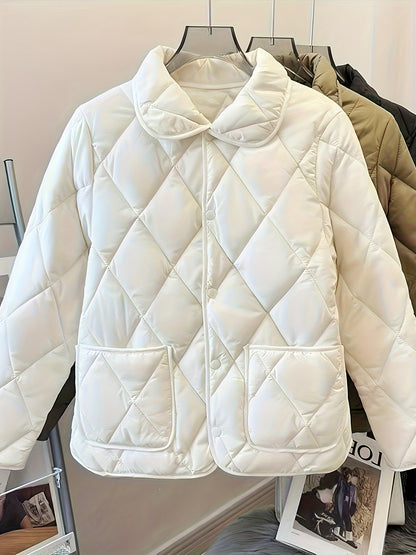 Women'S Quilted White Puffer Jacket - Lightweight Long Sleeve - Button-Up Front - High-Quality Polyester - Machine Washable - Casual Style for Spring, Fall & Winte