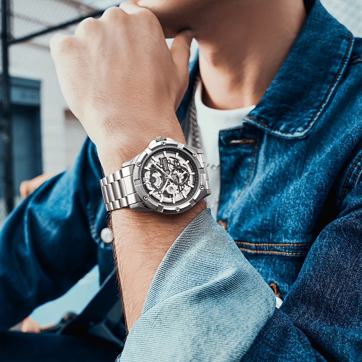 Men’s Mechanical Hollow Skeleton Watch Stainless Steel Business Style
