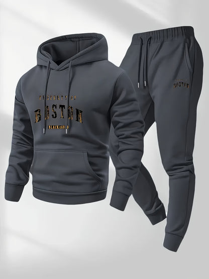 Men'S Boston Print Hoodie And Sweatpants Set - Casual Long Sleeve, Slight Stretch Fabric, Pockets, Suitable for Autumn And Winter, Sportswear, Casual Attire | Hoodie | Sport Pants with Pockets, Everyday Wear
