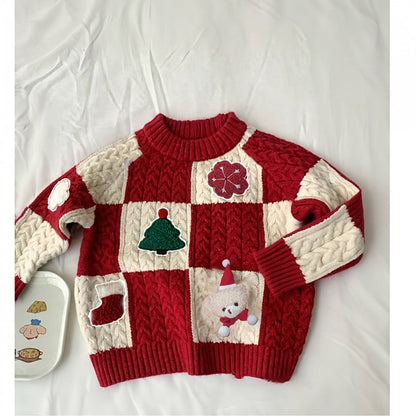 ' Red & White Cable- Sweater Jacket - Cute Scottish-Inspired Boys & Girls Winter Coat, Machine Washable Round Neck Cardigan for Christmas, New Year & Casual Attire ( to)