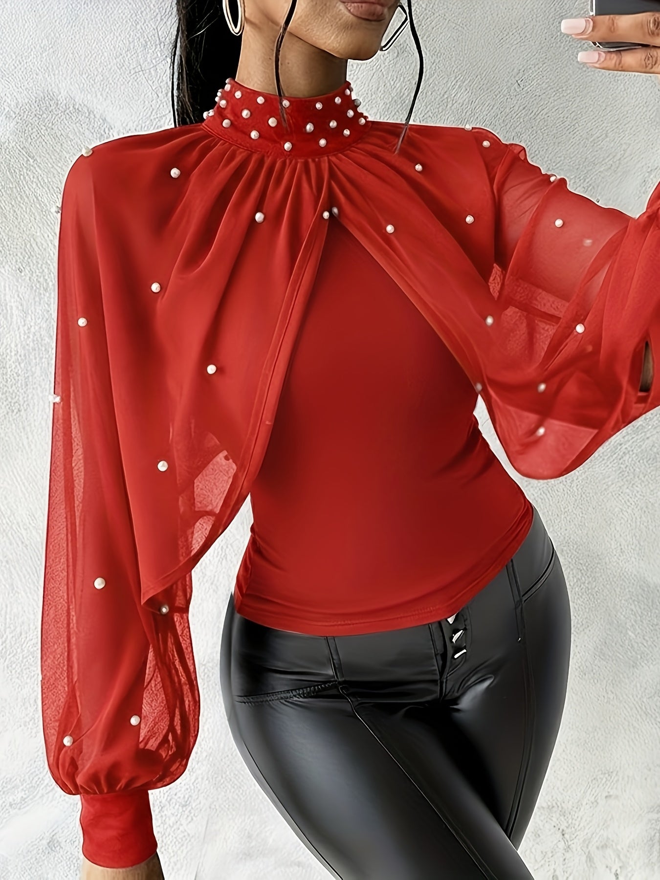Women'S Elegant Off-Shoulder/One-Shoulder Tunic Top - Red/ - Long Sleeve Blouse with Pearl-like Beads - Formal & Everyday Chic Outfits - Spring/Fall, Fashion Lovers, Stylish Blouse, Quality Stitching, Sophisticated Design, Se