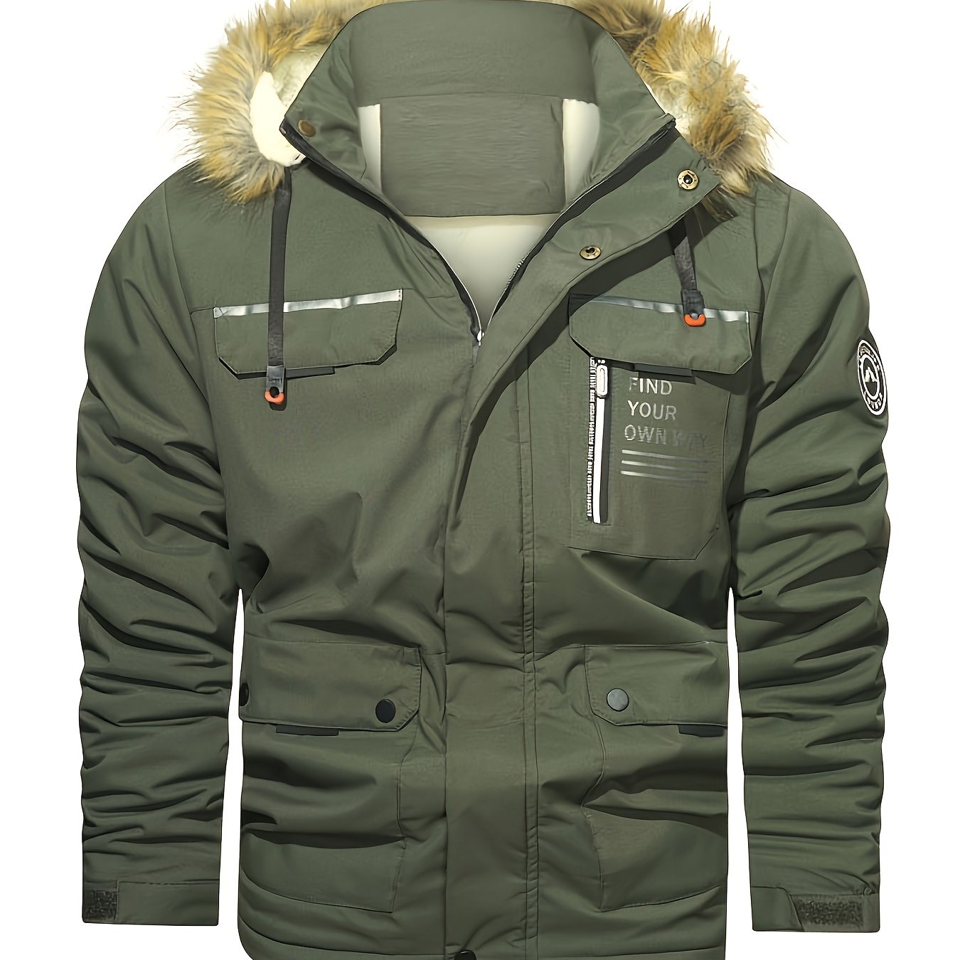 Men'S Winter Hooded Jacket with Fleece Lining - Thickened Zip-Up Coat, Multiple Pockets, Detachable Hood, Olive Green, Casual Sporty Style for Cold Weather, Winter Jacket, Durable Outerwear, Winter Coat Men, Coat With Variabl