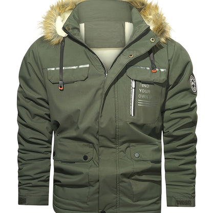 Men'S Winter Hooded Jacket with Fleece Lining - Thickened Zip-Up Coat, Multiple Pockets, Detachable Hood, Olive Green, Casual Sporty Style for Cold Weather, Winter Jacket, Durable Outerwear, Winter Coat Men, Coat With Variabl