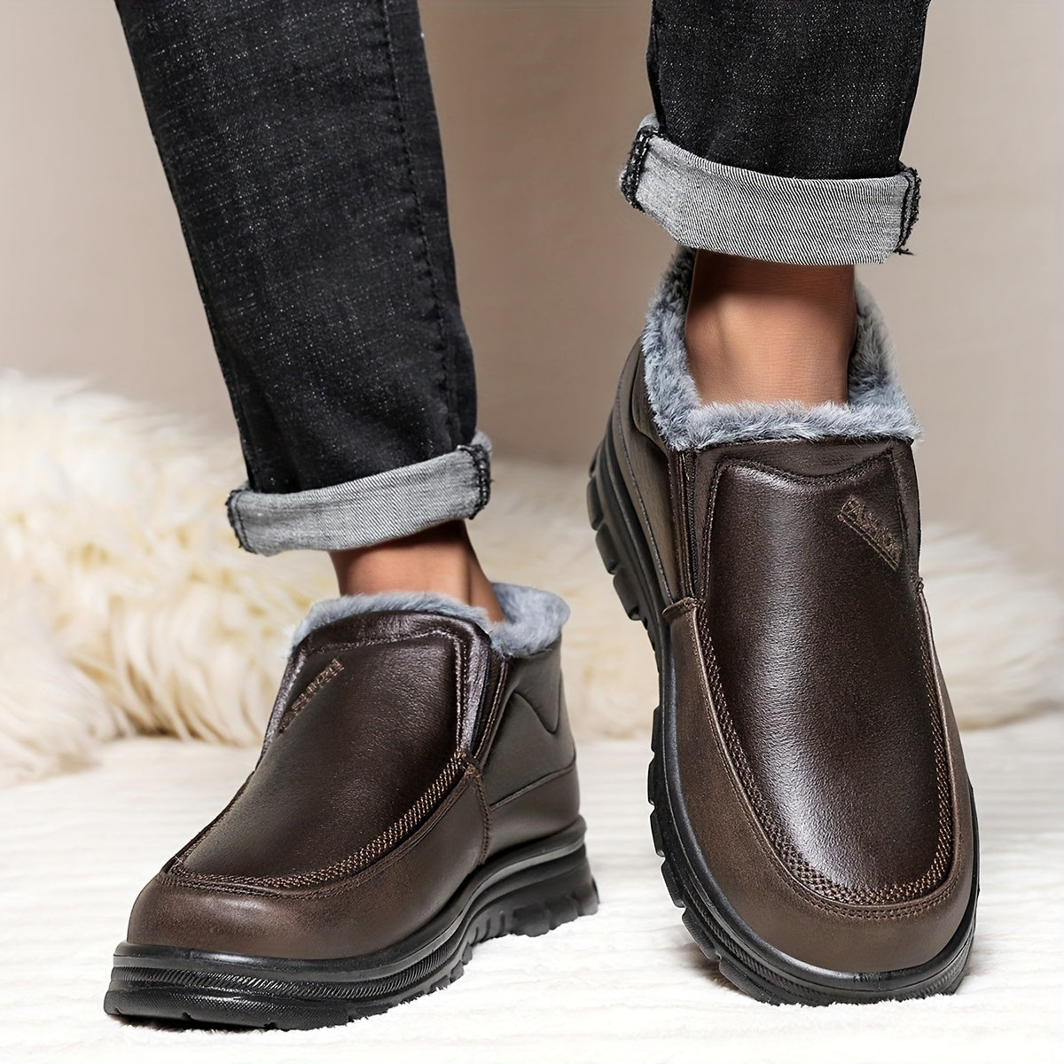 Men'S Slip-On Winter Snow Boots with Fleece & Arch Support - All-Season Cold Weather Hiking Shoes, Slip-Resistant Rubber Sole, Round Toe Design For Casual & Outdoor Wear, Hiking Boots