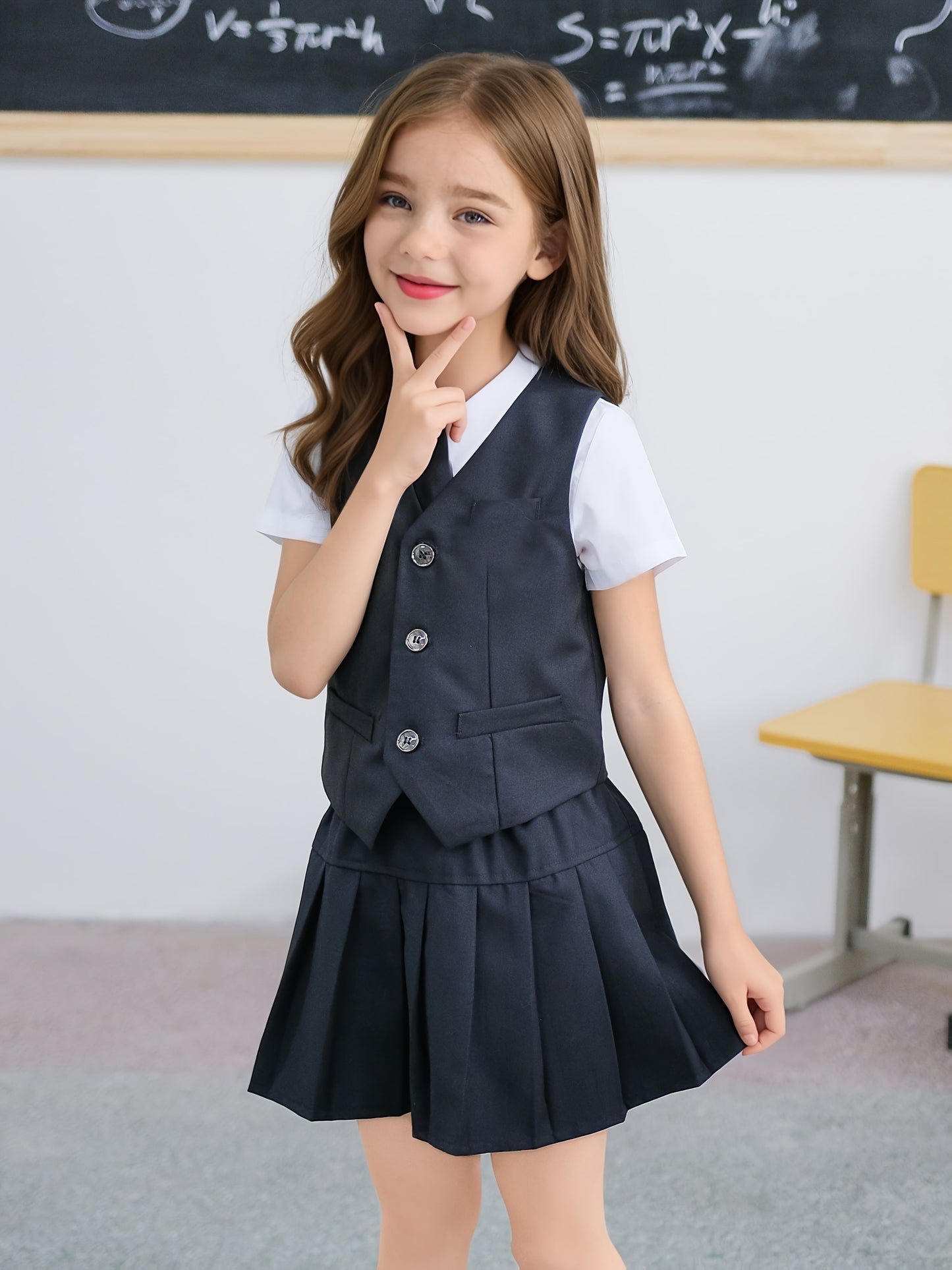 Girls' Preppy School Uniform Vest Suit Set with Skirt and Tie
