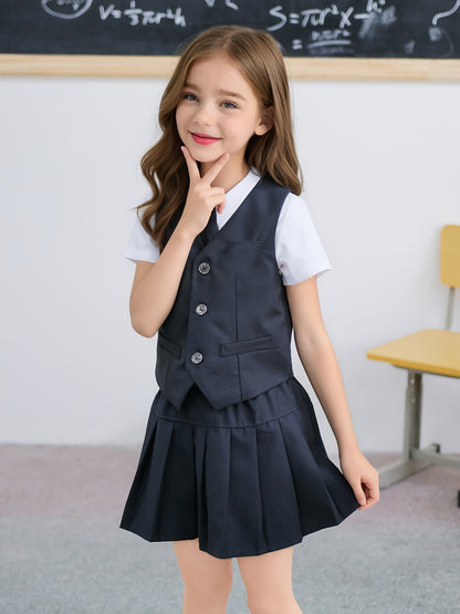 Girls' Preppy School Uniform Vest Suit Set with Skirt and Tie