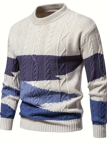 Men's Stylish Solid Knitted Pullover, Casual Mid Stretch Breathable Long Sleeve Crew Neck Top For City Walk Street Hanging Outdoor Activities