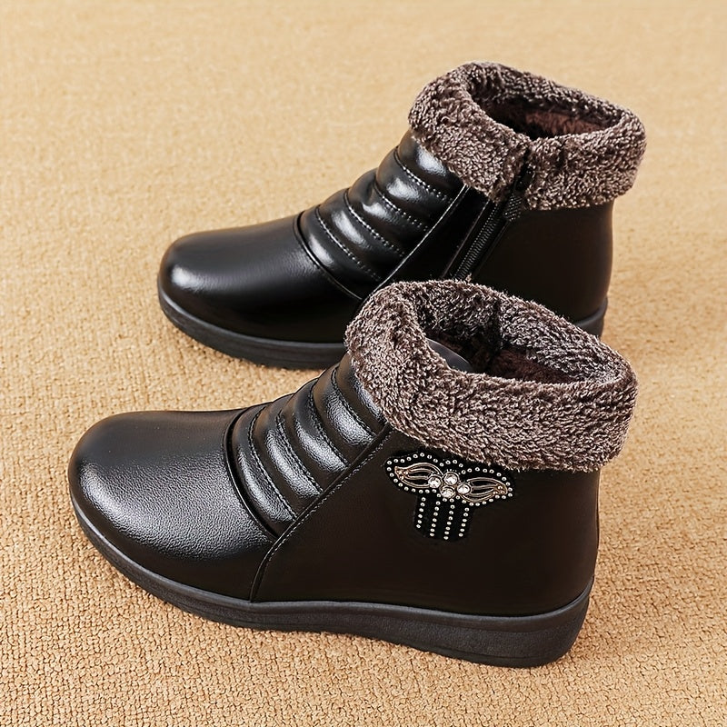 Women'S Comfortable And Warm Shoes for Autumn And Winter, Short Boots with Fleece Lining, Snow Boots, Leather Shoes, Glossy Black Platform Boot, Elegant Rain Boot For Woman, Warm And Comfortable Bootie For Working, Low Ankle