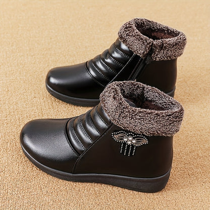 Women'S Comfortable And Warm Shoes for Autumn And Winter, Short Boots with Fleece Lining, Snow Boots, Leather Shoes, Glossy Black Platform Boot, Elegant Rain Boot For Woman, Warm And Comfortable Bootie For Working, Low Ankle