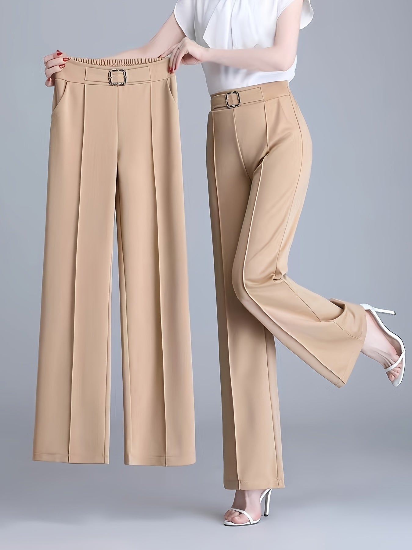 Casual Loose-Leg Polyester Pants with Button Front for Spring-Fall
