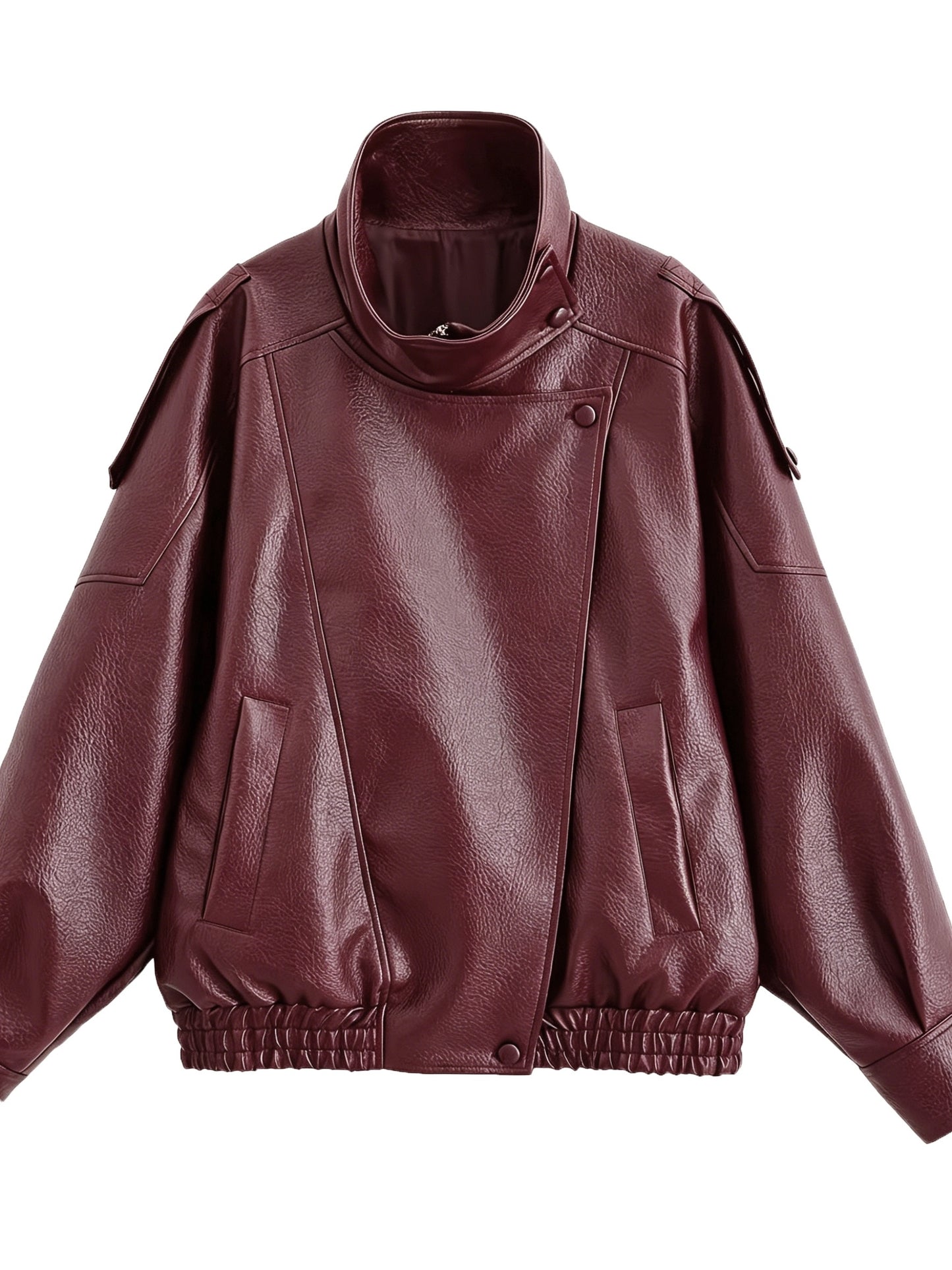 Oversized Vintage Faux Leather Biker Jacket with Buckle Collar
