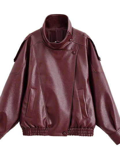 Oversized Vintage Faux Leather Biker Jacket with Buckle Collar