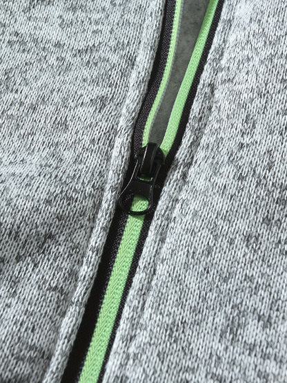 Men's Sporty Full-Zip Stand Collar Sweatshirt - Long Sleeve Casual Pullover with Neon Green Accents, Solid Color Non-Stretch Fabric, Regular Fit for Fall Winter