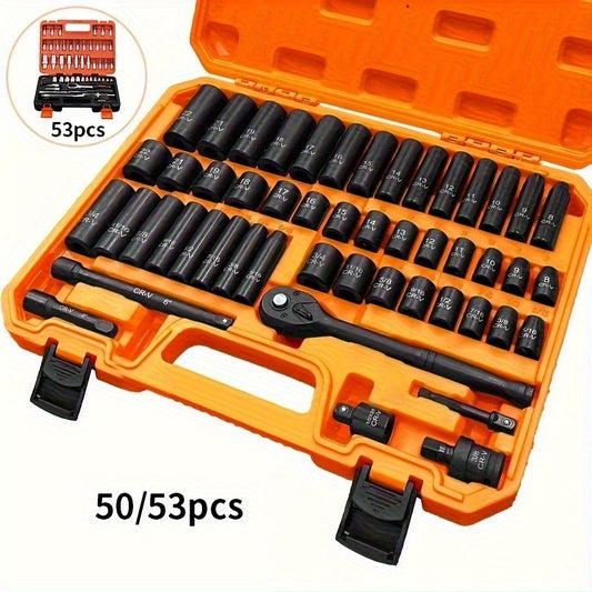 53/50pcs Chrome Vanadium Impact Socket Set, 3/8 Inch Drive, 6-Point Design, Includes SAE Sizes from 5/16 to 3/4 Inch and Metric Sizes from 8 to 22mm, with Ratchet Handle, Extension Bar, Adapter, and Glove