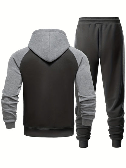 Men'S Casual Sports Hoodie Two-Piece Set with a Color-Blocked Design, Featuring a Zip And Drawstring Waist, Suitable for Jogging in All Seasons
