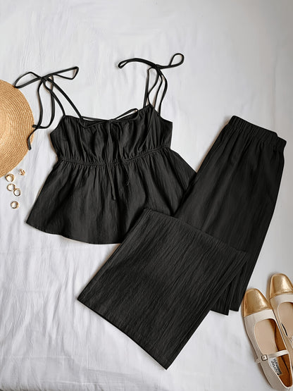 Women's Elegant Spring Summer Ruffle Top & Wide-Leg Pants Set