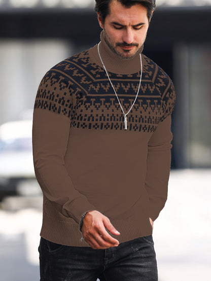 Men's Geometric Graphic Print Knitted Pullover, Casual Long Sleeve Turtle Neck Sweater For Fall Winter, Outdoor Cloth