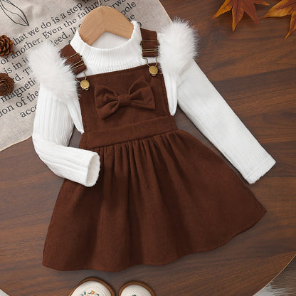 2pcs Baby Winter Outfit Set: Cozy Fluffy Sleeve Smock Dress & A-Line Bow with Collar & Fringe Trim - Soft Warm Clothes for Photoshoots, Christmas (Hand Washable), Perfect for Outdoor