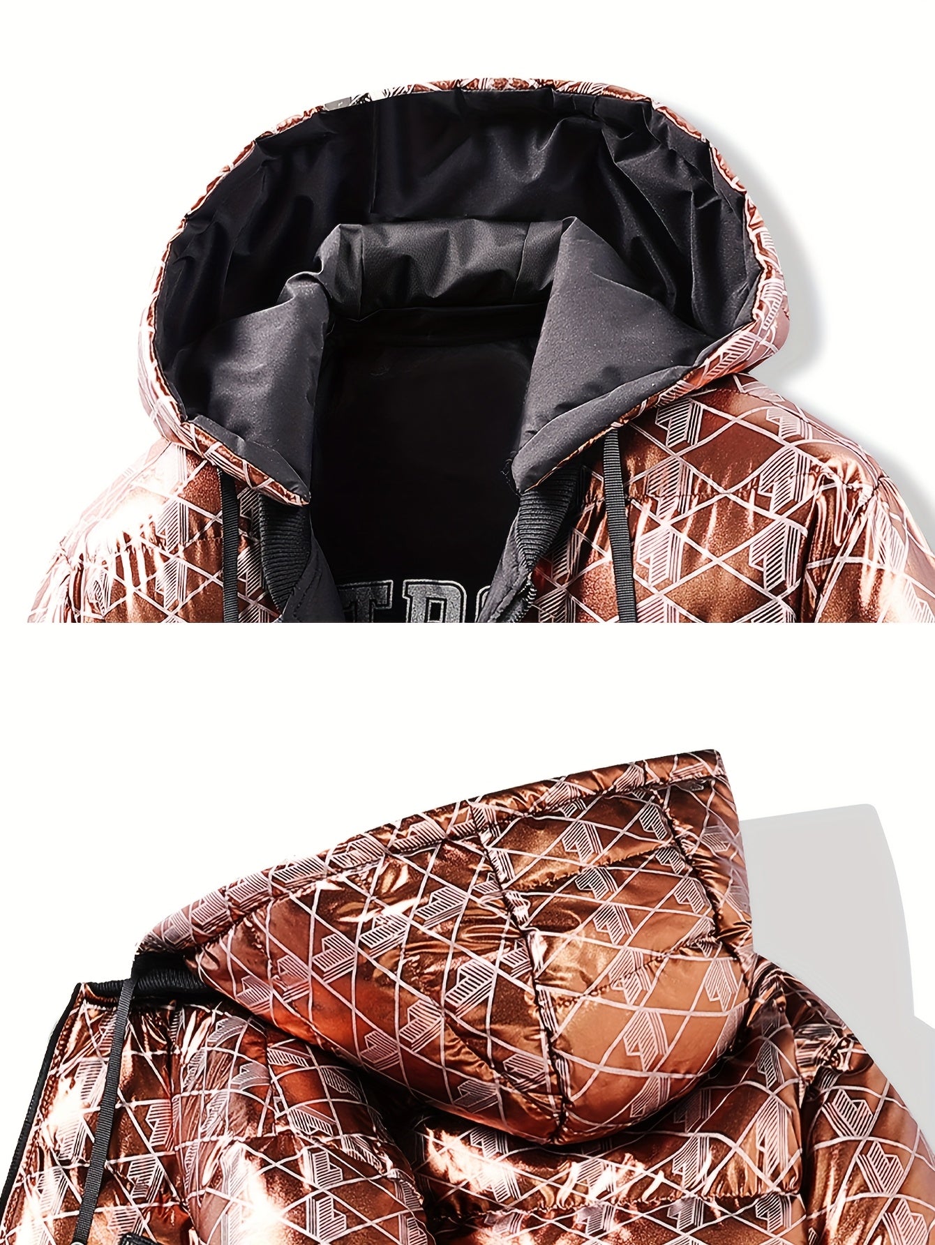 Men'S Stylish Hooded Winter Jacket - Thickened, Warm, and Trendy with Geometric Pattern, Black with Orange Accents, Polyester Filler, Perfect for Cold Weather, Winter Jacket Hooded