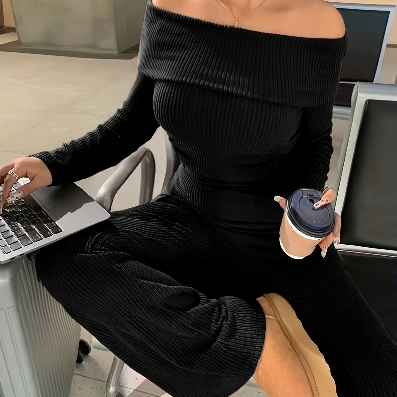 Autumn And Winter Solid Color Two-Piece Set, Sexy Off-The-Shoulder Top + Wide-Leg Flared Pants Suit, Elastic And Soft Ribbed Fabric, Machine Washable