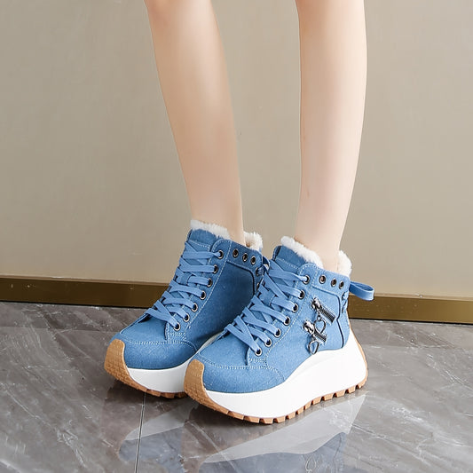 Women'S Winter Boots with Plush Lining - Thickened Warm Snow Boots, Lace-Up Closure, Non-Slip PVC Sole - Elegant Cold Weather Shoes for Everyday & Formal Outfits - Easy-Clean Fabric Upper - Available in Blue, Black, Brown, Re