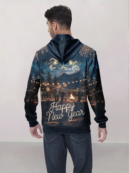 Men'S 2026 New Year'S Eve Bonfire Fireworks Hooded Sweatshirt - 100% Polyester, Sporty & Functional Style with Happy New Year Print, Casual Pullover for Fitness & Outdoor, New Year Sweatshirt, Outdoor Clothing, Sporty Design,