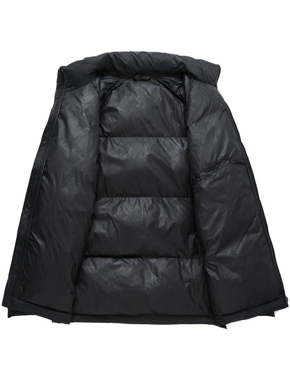 Men'S Winter Warm Jacket - Stylish Black Stand Collar with "CONTRIBUTING" Lettering, Long Sleeve, Zip-Up, Polyester Fleece Lined, Casual Outdoor Sportswear, Winter Jacket, Men, Men'S Business Coat, Men'S Outer Winter, Winter