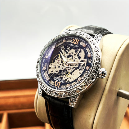 Vintage Hollow Carved Automatic Mechanical Men'S Watch, Fashionable Luxury Men'S Watch, High-end Thickened Mechanical Style Hip-Hop Party Wristwatch, Without Battery