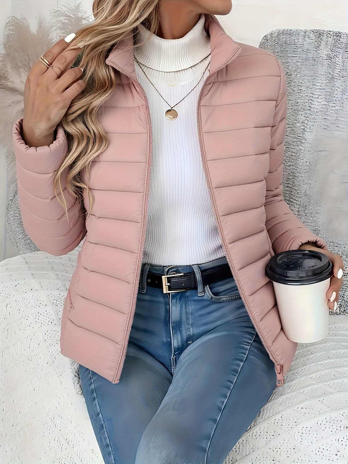 Women's Slim-Fit Quilted Polyester Jacket with High Neck