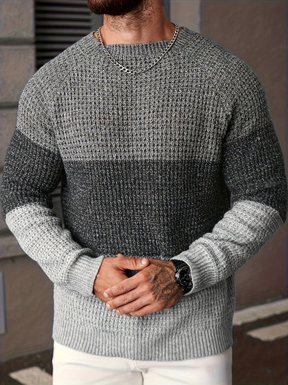 Men's Autumn and Winter Color Block Knit Sweater, Crew Neck Pullover