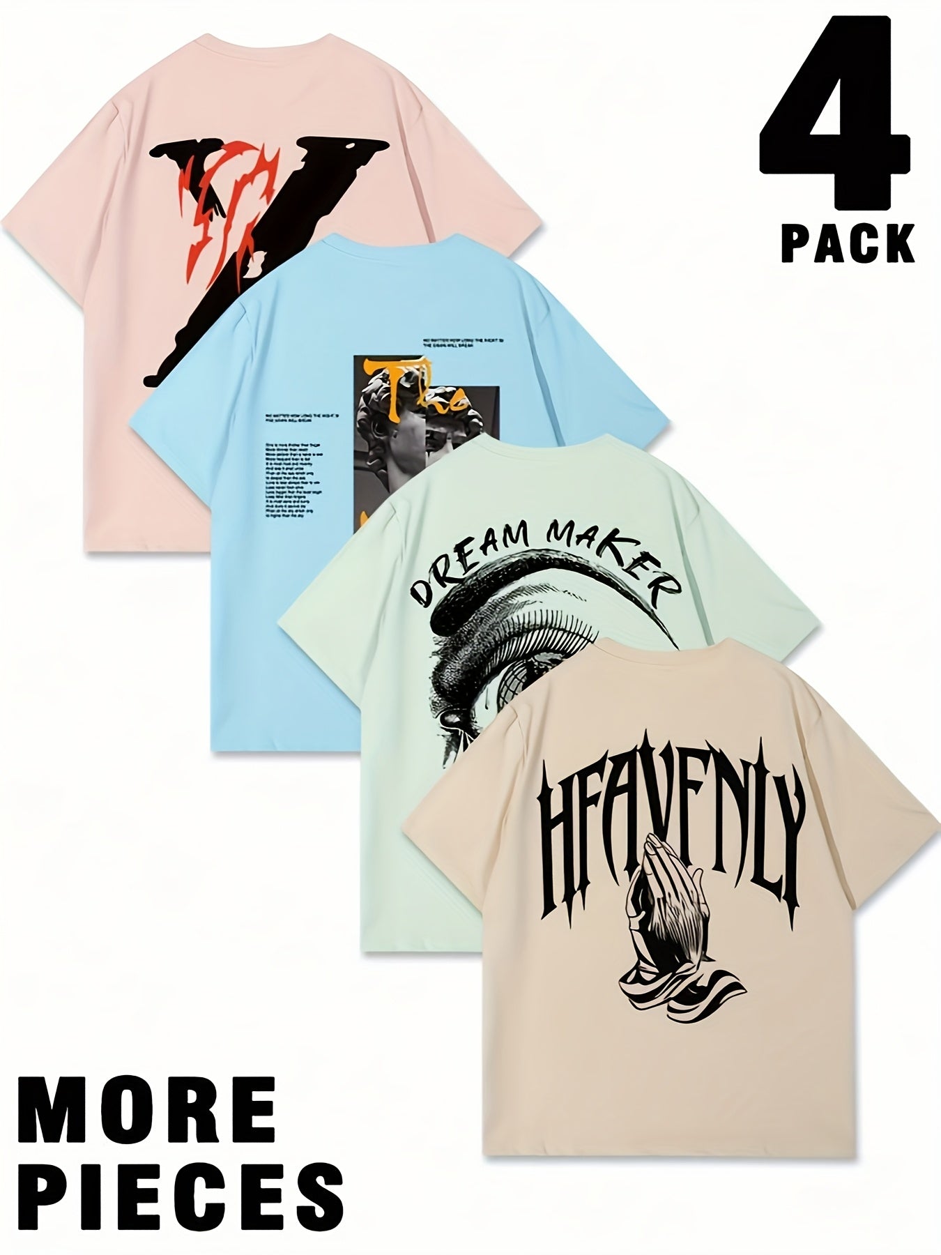 Set of 4 Men'S Graphic T-Shirts - Featuring Designs Like 'Heavenly', Casual Round Neck Short Sleeves Made of Lightweight Polyester, Perfect for Summer Outdoor Wear, a Great Gift for Family.