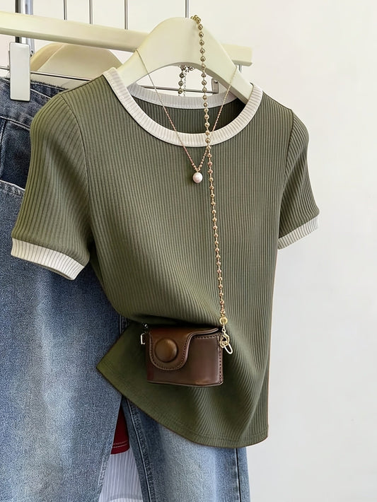 Women's Casual Slim-Fit Short Sleeve T-Shirt with Contrast Collar - ayq