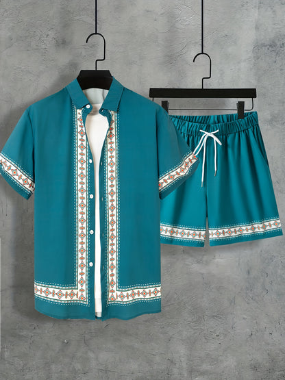 Men'S Two-Piece Set Consisting of a Casual Short-Sleeve Button-Up Shirt And Drawstring Pants, Perfect for Summer Wear.